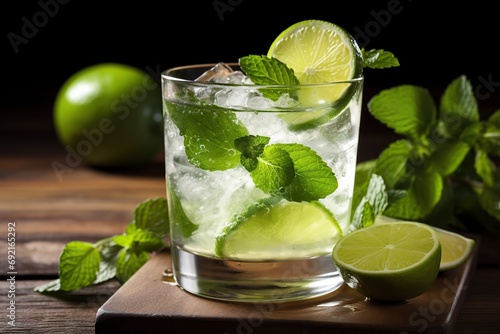 Alcoholic mojito with ice and mint on wooden table