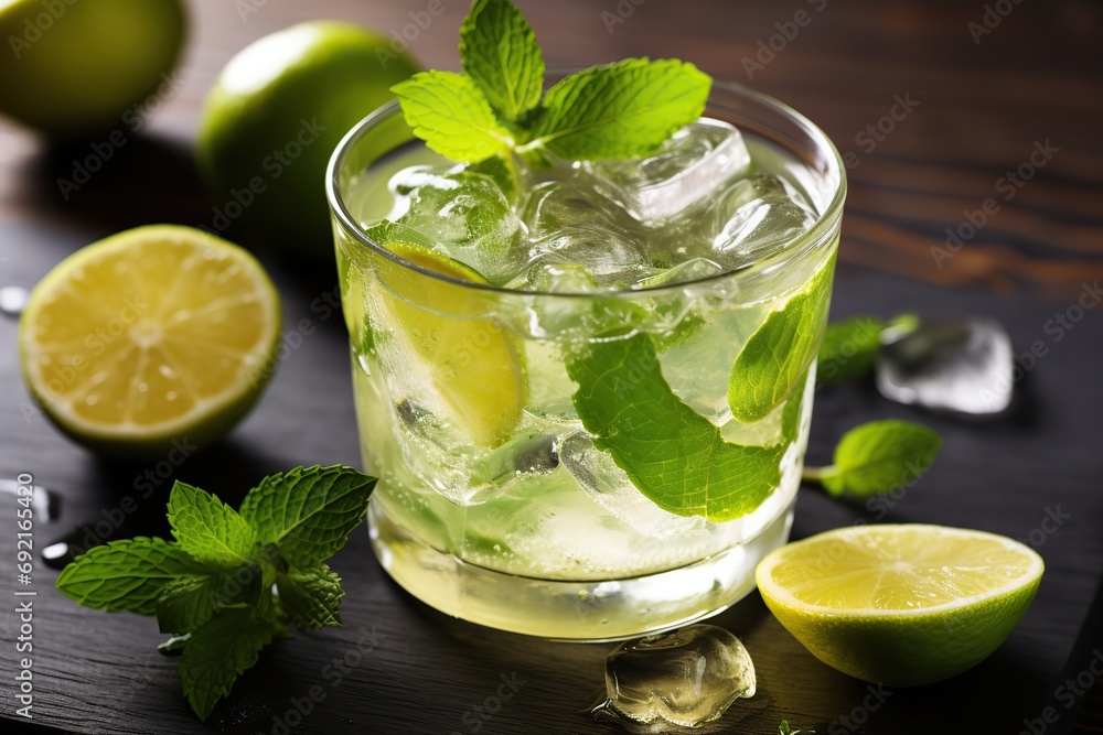Alcoholic mojito with ice and mint on wooden table Alcoholic mojito with ice and mint on wooden table