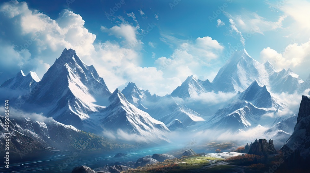Majestic snow-draped mountains stand tall against a calm, icy blue winter sky. Breathtaking, snow-covered peaks, wintry landscape, tranquil vista, frosty scenery, serene beauty. Generated by AI.