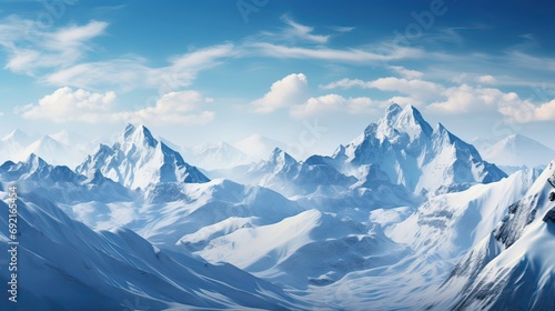 Majestic snow-dusted peaks set against a serene  azure winter sky. Breathtaking  snowy mountains  winter panorama  tranquil vista  frosty landscape  serene beauty. Generated by AI.
