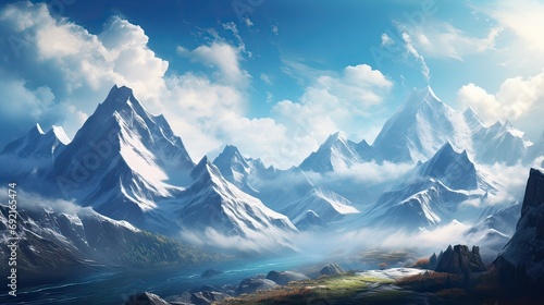 Majestic snow-draped mountains stand tall against a calm  icy blue winter sky. Breathtaking  snow-covered peaks  wintry landscape  tranquil vista  frosty scenery  serene beauty. Generated by AI.