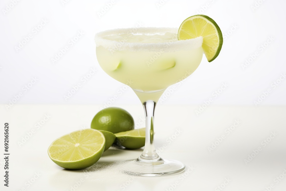 Glass of margarita cocktail on white background