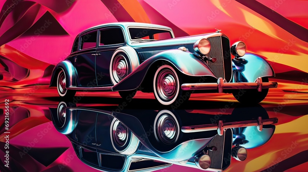 Obraz premium Radiant metallic car positioned within a dynamic abstract environment. Stylish vehicle, abstract artistry, radiant design, automotive sophistication, artistic composition. Generated by AI.