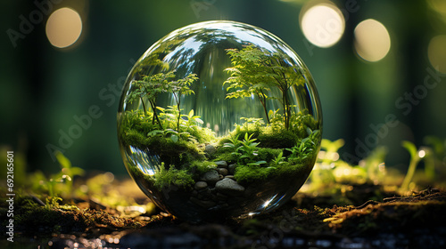 Glass globe surrounded by forest flora, Emphasizing delicate balance of ecosystems and impact of climate change, AI Generated