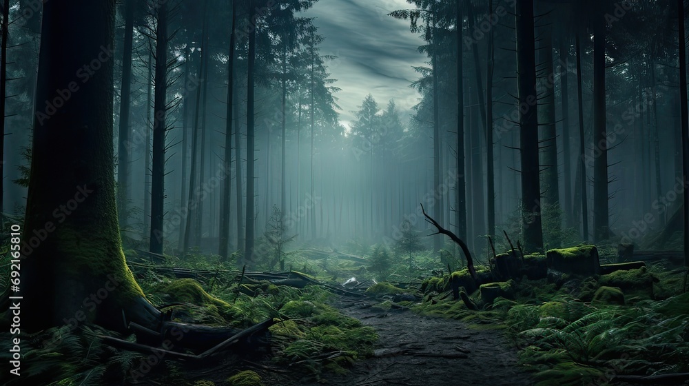 Serene forest veiled in a mystical mist, featuring majestic, towering trees. Serenity in mist, mystical forest, serene ambiance, towering woodland. Generated by AI. - obrazy, fototapety, plakaty 