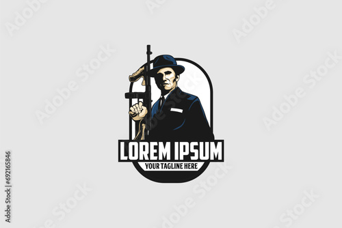 mafia cartoon character with a machine gun or rifle vector logo template