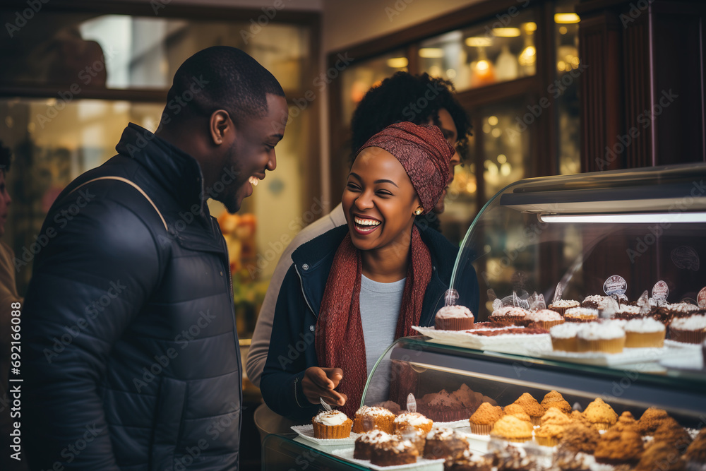 African American man and woman buying sweets in cake shop. Married couple chooses cupcakes.