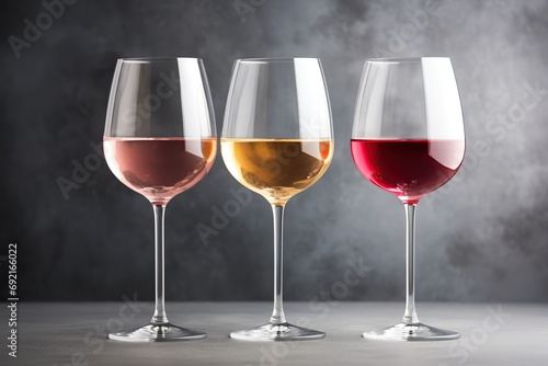 Different wine in glasses on grey background