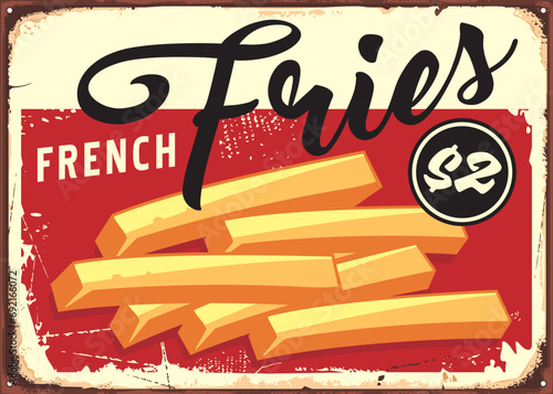 Fried potatoes vintage poster template. French fries retro vector food illustration. Restaurant sign with potato snack.