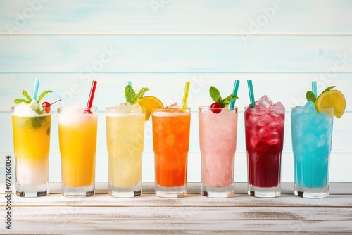 Different alcohol cocktails on wooden background photo