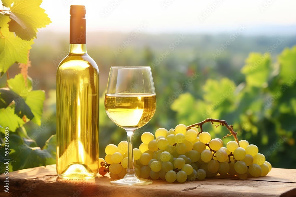 Bottle and glass of white wine with ripe grapes on vineyard background