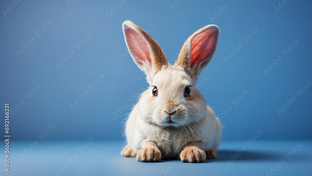 Obraz premium white rabbit on blue background. backdrop with copy space