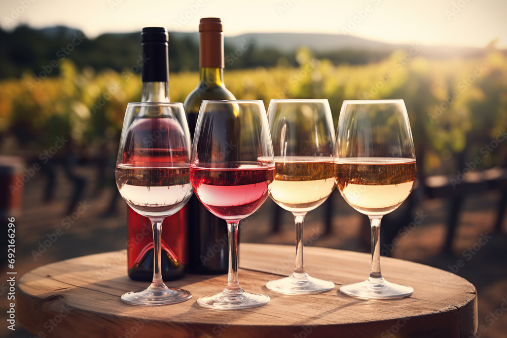 Bottles and glasses of red and white wine on vineyard background
