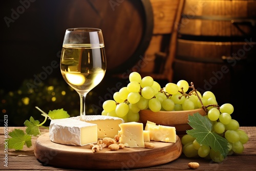 Glass of white wine with grapes and cheese on wooden background