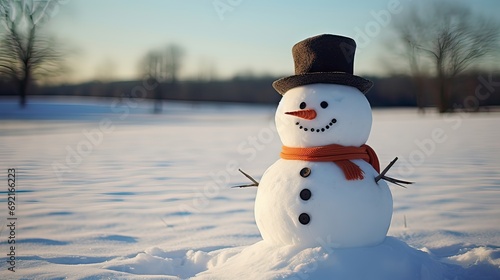 Whimsical, winter fun, seasonal joy, frosty landscape, holiday decoration, traditional snowman. Generated by AI. © Татьяна Лобачова