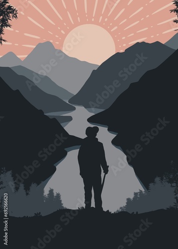 Hiking in the mountain sunset drawing minimalist