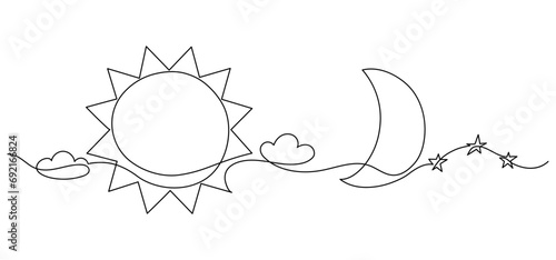 Sun and moon symbols. Continuous line drawing. Solstice. 