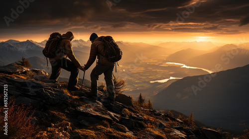Hikers on mountain  Emphasizing importance of collaboration and mutual support  AI Generated