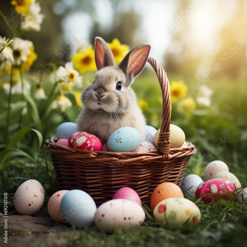 Easter eggs in the basket and outside the basket with a nice white rabbit on the grass