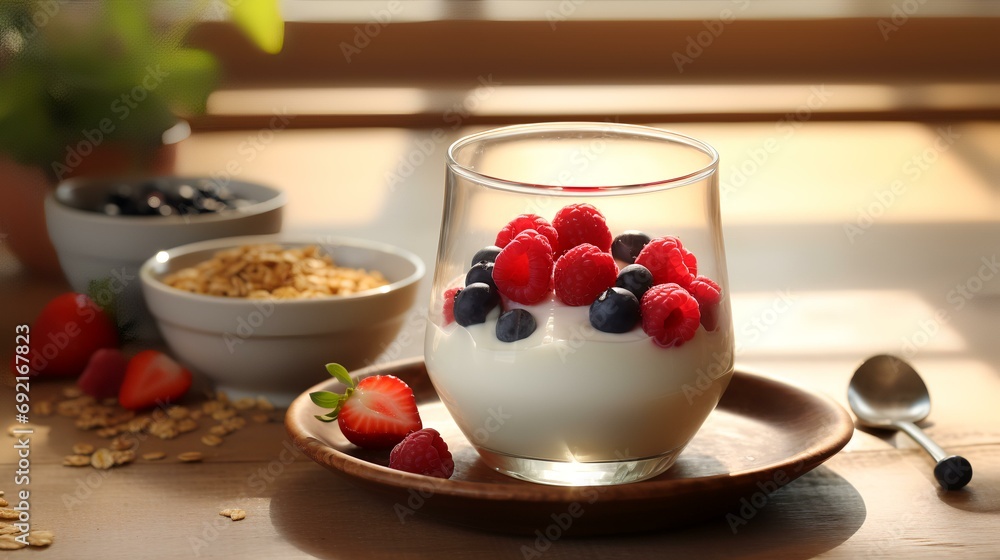 Yogurt with raspberries in glass jar on wooden table Yogurt with raspberries in glass jar on wooden table