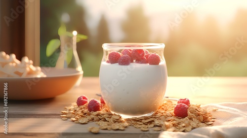 Tasty yogurt with berries in glass on wooden table, closeup