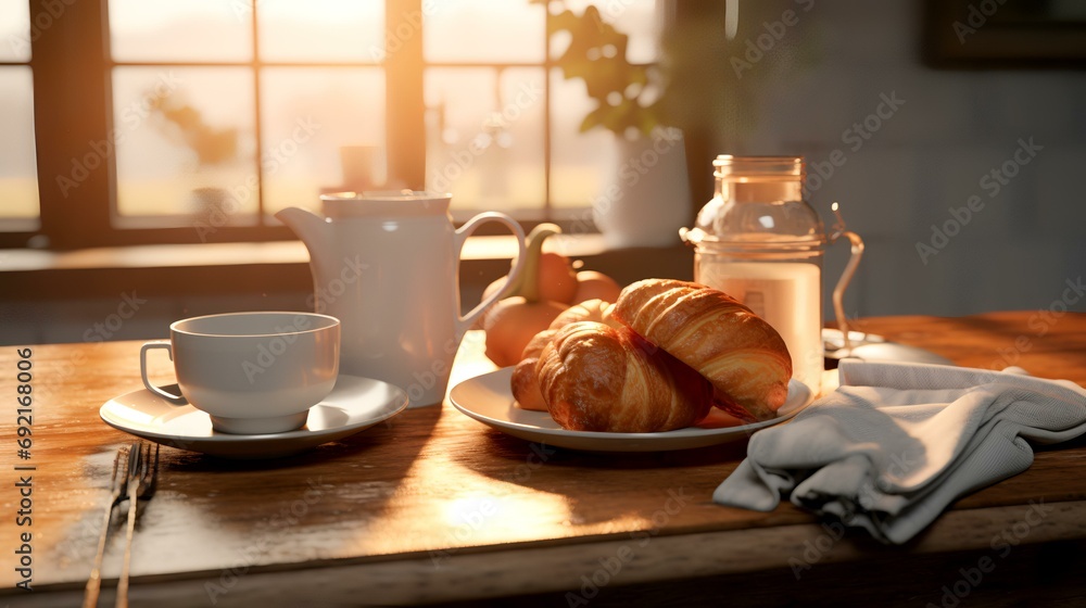 Breakfast with coffee, croissants and orange juice on wooden table Breakfast with coffee, croissants and orange juice on wooden table