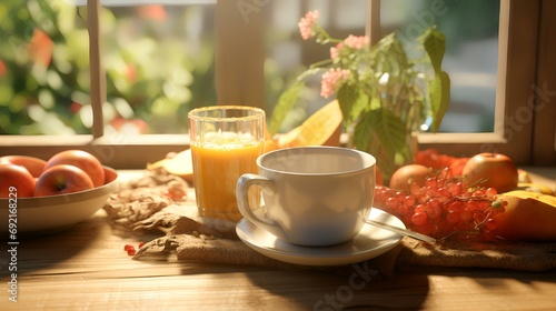 Cup of coffee and fresh fruits on wooden table, closeup