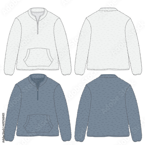 Fleece plush 1/4 zip-down Jacket flat fashion sketch set mockup