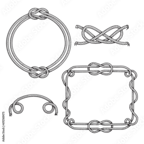 Nautical rope frames and elements set. Hand drawn sketch style illustrations collection. Isolated on white background. photo