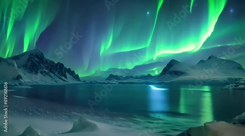 Northern lights aurora over snowy mountains and sea