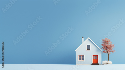 Composition of small house in minimalist style against soft blue background, AI Generated photo