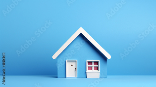 Composition of small house in minimalist style against soft blue background, AI Generated