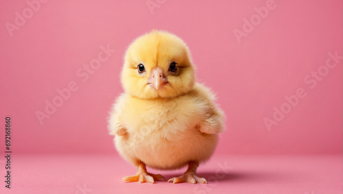 cute chick on pink background. backdrop with copy space