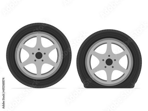 Normal and flat tire. Deflated automobile tire. Punctured wheel of car. Tire service station garage. Vector illustration