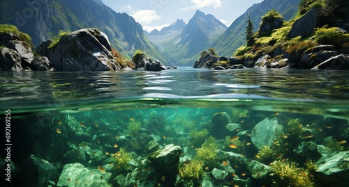 Underwater Paradise Revealed Below Crystal Waters Surrounded by Majestic Mountainous Landscape photo