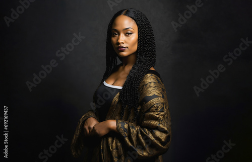 Mona Lisa Recreation: Black woman in classic pose recreation. Black woman in La Gioconda style emulating famous pose photo