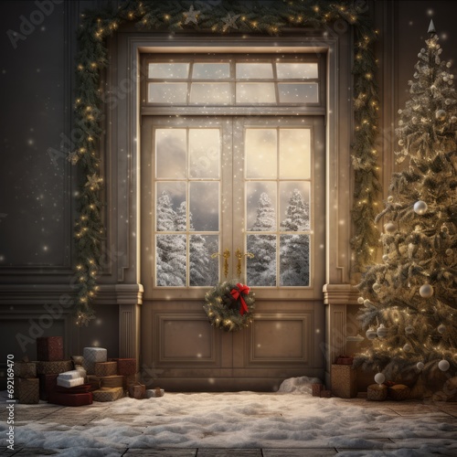 a door with a tree and a wreath in front of it © Aliaksandr Siamko