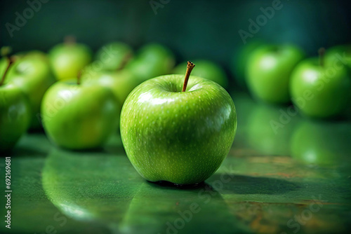 A Lineup of Fresh Green Apples on a Wooden Table
