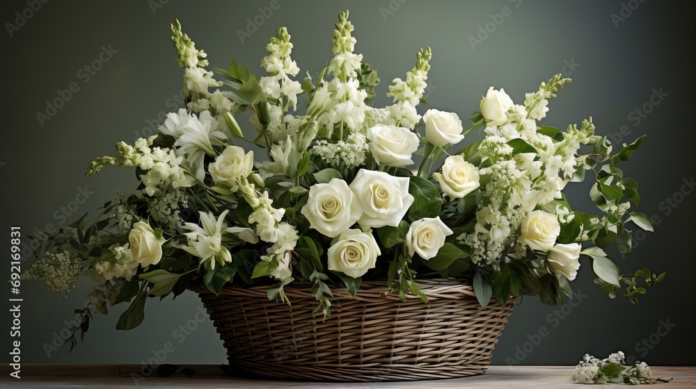 Elegant Floral Arrangement with White Roses and Lilies in a Wicker Basket for Serene Decor