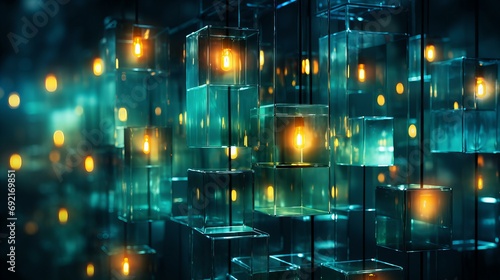 Illuminated Glass Cubes Display with Warm Lights in a Modern Artistic Installation at Night