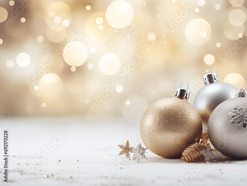 Gold and silver Christmas balls with voluminous snowflakes on the snow