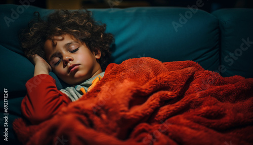 Retrato en primer plano de un niño durmiendo en un sofá. photo