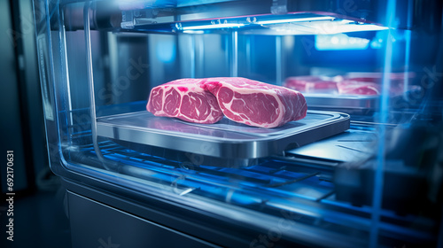 A steak of raw cultivated meat in a modern laboratory.  photo