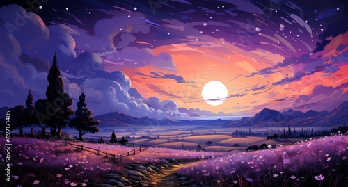 Fantasy lavender field under a dark sky with bright stars. Vegetation under the light of the moon, colorful illustrative landscape. Banner with copy space photo