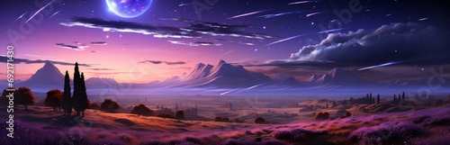 Fantasy lavender field under a dark sky with bright stars. Vegetation under the light of the moon, colorful illustrative landscape. Banner with copy space