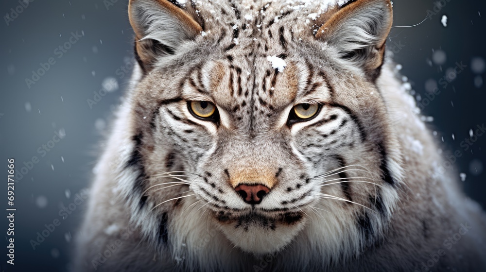 Obraz premium Close-up of the head of an aggressive lynx ready to attack. Wild animal in winter forest in monochrome style. Illustration for cover, card, postcard, interior design, poster, brochure or presentation.