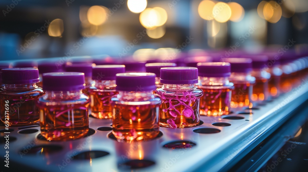 Vibrant Purple-Capped Vials in a Laboratory Production Line with Soft Bokeh Lights Vibrant Purple-Capped Vials in a Laboratory Production Line with Soft Bokeh Lights