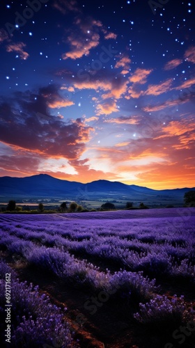 Fantasy lavender field under a dark sky with bright stars. Vegetation under the light of the moon  colorful illustrative landscape. Banner with copy space