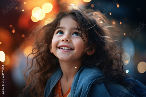 A child's face lights up with joy, a radiant smile illuminating the frame. Concept of pure happiness and innocence. Generative Ai.