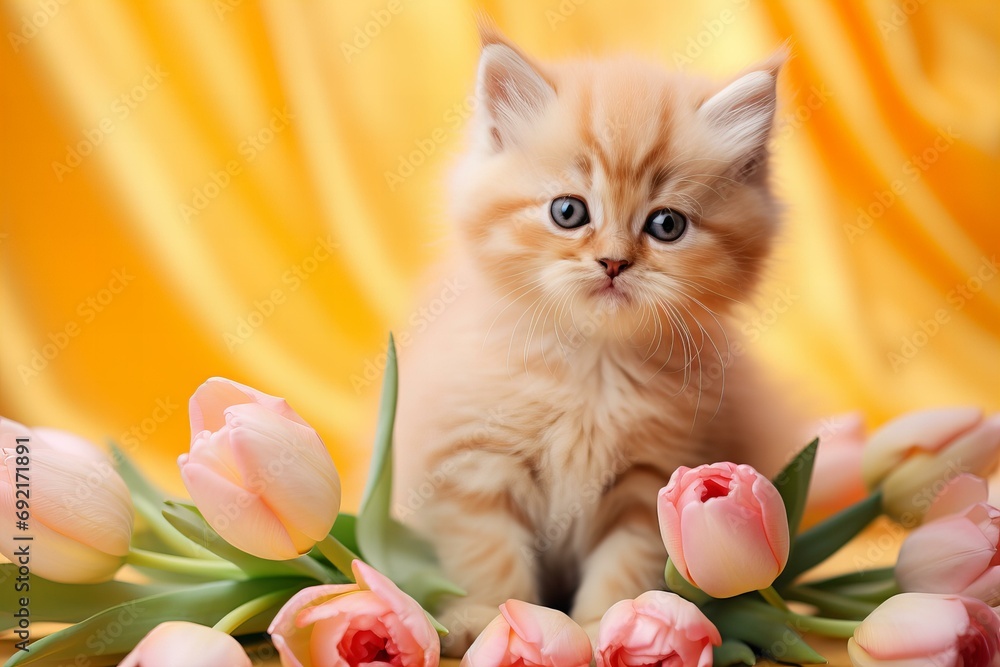 Birthday card - ginger cute persian kitten with a bouquette of vibrant tulips on a pastel peach background Birthday card - ginger cute persian kitten with a bouquette of vibrant tulips on a pastel peach background
